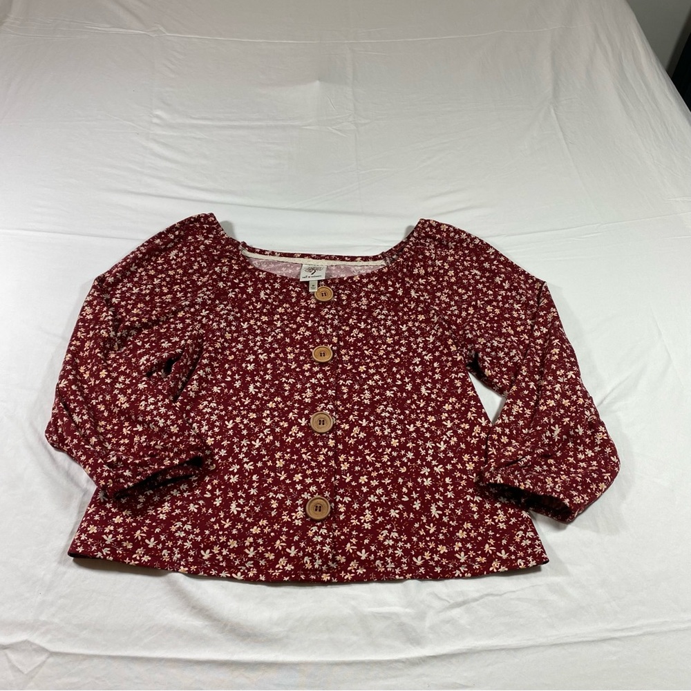 Self Esteem Button Floral Top Boho  Semi Crop shirt Flowy Scoop Elastic sleeve